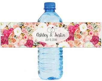 Rose Floral background Wedding Water Bottle Labels Great for Engagement Bridal Shower Party Easy to use self stick labels