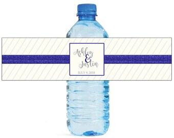 Blue Glitter & Pin stripes Wedding Water Bottle Labels Great for Engagement Bridal Shower Birthday Party event Family Reunion