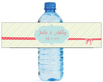 Cottage Yellow and blue with bow Wedding Anniversary Water Bottle Labels Customizable labels