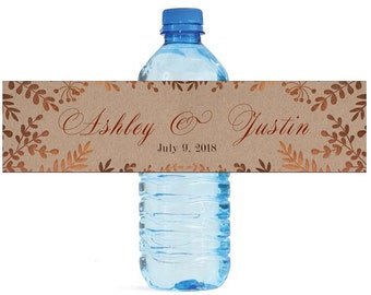 Kraft & bronze fancy leaves Wedding Water Bottle Labels Great for Engagement Bridal Shower Birthday Party Family Reunion