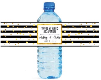 Gold Confetti on Black & White Stripes You Are My Heart's Epic Adventure Wedding Water Bottle Labels Great for Bridal Showers, Anniversary