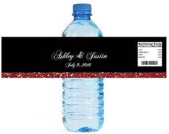 Black background with Red glitter stripe Wedding Water Bottle Labels Great for Engagement Bridal Shower Party