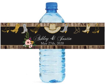 Boots & Bling Country Western Themed Wedding Anniversary Water Bottle Labels Customizable labels Great for Wedding Bridal Shower Birthday