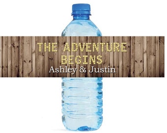 Rustic Wood Marquee Letters The Adventure Begins Wedding Anniversary Engagment Party Water Bottle Labels Customizeable self stick labels