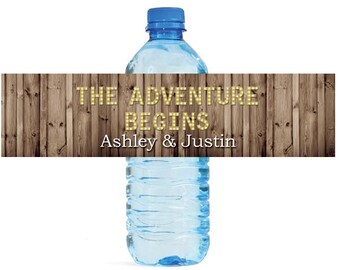 Rustic Wood Marquee Letters The Adventure Begins Wedding Anniversary Engagment Party Water Bottle Labels Customizeable self stick labels