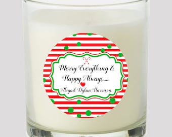 Red and White Stripes with Christmas Green 2" labels Great personalizing your Xmas events Candles cupcake toppers Mason Jar decals Stickers