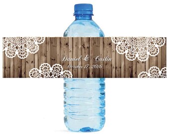 Rustic wood & white doilies water bottle labels Great for Wedding Bridal showers Engagement Party quinceanera, sweet 15, birthday party