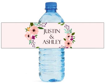 Floral Wreath Wedding Water Bottle Labels Great for Engagement Bridal Shower Party