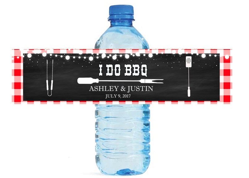 I Do BBQ Chalkboard & Gingham Wedding Anniversary Engagement Water Bottle Labels 