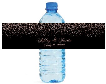 Rose Gold Confetti falling on Black background Wedding Anniversary Water Bottle Labels Customizable labels self stick, easy to use