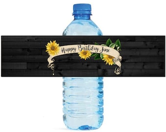 Sunflower Banner on Black Rustic Wood Wedding Water Bottle Labels Great for Engagement Bridal Shower Birthday Party Anniversary