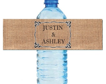 Burlap Names Wedding Water Bottle Labels Great for Engagement Bridal Shower Anniversary Birthday Party