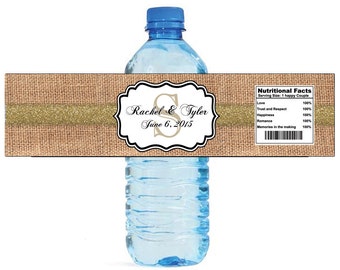 Burlap with Gold Glitter Stripe Monogram Wedding Water Bottle Labels Great for Engagement Bridal Shower Party