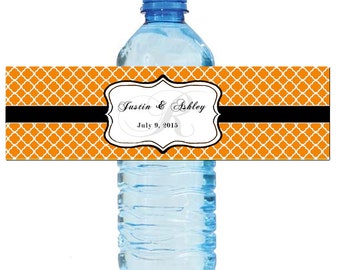 Tangerine Orange Monogram Water Bottle Labels Great for Engagement Bridal Shower Wedding Anniversary Birthday Party