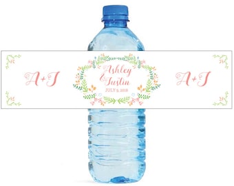 Summer Floral Wreath white background Wedding Anniversary Water Bottle Labels Great for Engagement Bridal Shower Birthday Party