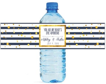 Gold Confetti on Blue & White Stripes You Are My Heart's Epic Adventure Wedding Water Bottle Labels Great for Bridal Showers, Anniversary