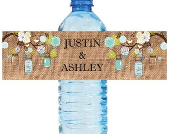 Burlap and Mason Jars Hanging from Tree Wedding Anniversary Water Bottle Labels Customizeable labels 2 sizes available