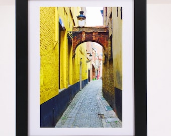 Bruges Narrow Street Oldworld Europe Belgium Neighborhoods Poster Colorful picturesque romantic city