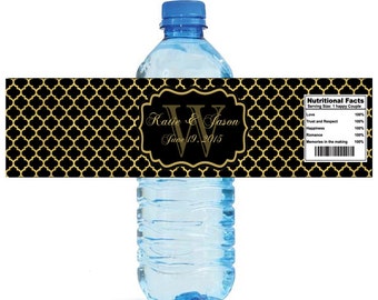 Gold Pattern Monogram Wedding Water Bottle Labels Great for Engagement Bridal Shower Party