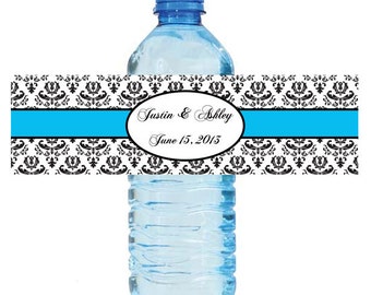 Damask Blue Wedding Water Bottle Labels Great for Engagement Bridal Shower Party 8"x2"