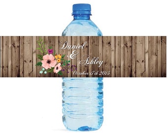 Rustic wood and flowers floral Wedding Water Bottle Labels Great for Engagement Bridal Shower Party