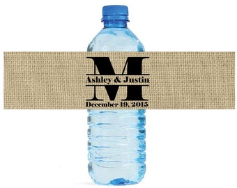 Burlap Monogram Wedding Water Bottle Labels Great for Engagement Bridal Shower Party easy to use self stick label