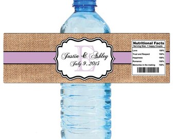 Burlap Lilac Stripe Monogram Wedding Water Bottle Labels Great for Engagement Bridal Shower Party Easy to Use self stick labels 8"x2"