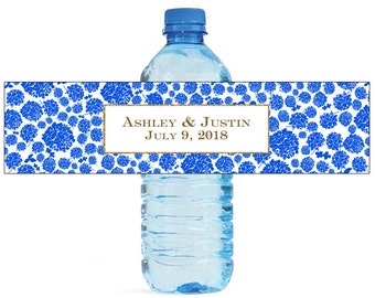 Blue & Gold Frame Wedding Water Bottle Labels Great for Engagement Bridal Shower Party easy to use, self stick