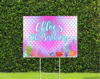 Mermaid Theme Birthday Custom Yard Sign Drive by Birthday 18'x24" Sign with Metal H Stake. Fully customizeable