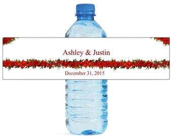 Red Poinsettias Wedding Anniversary Holiday Party Water Bottle Labels Customizable labels Self stick, easy to use