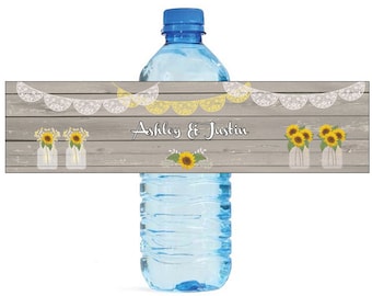 Sunflower Vases on Rustic Wood Wedding Water Bottle Labels Great for Engagement Bridal Shower Wedding Party easy to apply and use