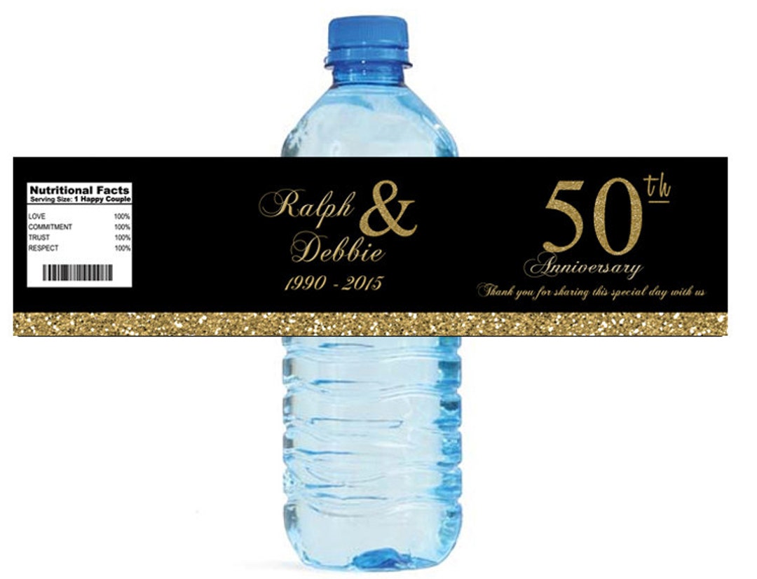 Black and Gold Glitter 50th Anniversary Water Bottle Labels ...