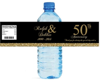 Black and Gold Glitter 50th Anniversary Water Bottle Labels Customizeable labels 50 Gold Golden anniversary