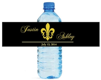 Black with Fleur de Lis Wedding Anniversary Water Bottle Labels Customizeable labels 2 sizes available