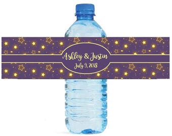 Glowing Stars on Purple background Wedding Anniversary Birthday Water Bottle Labels Customizable labels self stick, easy to use