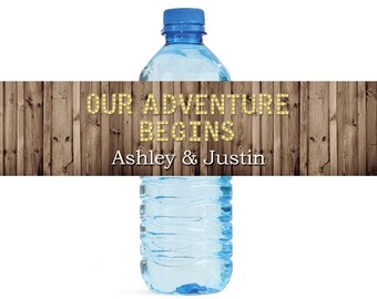 Rustic Wood Marquee Letters Our Adventure Begins Wedding Anniversary Engagment Party Water Bottle Labels Customizeable self stick labels