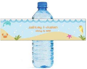 Beach Nautical Seahorse starfish crab seaweed Wedding Anniversary Water Bottle Labels Customizeable labels