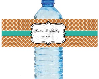 Copper and Teal Monogram Wedding Water Bottle Labels Great for Engagement Bridal Shower Party 2 sizes available