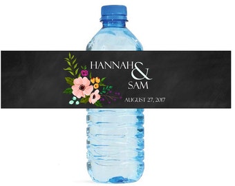 Elegant Flower with Chalkboard Background Wedding Water Bottle Labels Great for Engagement Bridal Shower Party self adhesive back