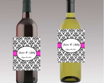 Damask Pink Wedding Wine or Beer Bottle Labels Great for Engagement Bridal Shower Party