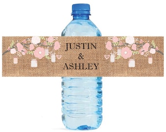 Burlap and Pink Flowers, Mason Jars Hanging from Tree Wedding Anniversary Water Bottle Labels Customizeable labels