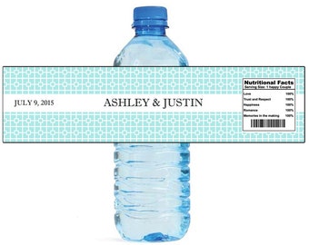 Square Pattern in Seafoam blue Water Bottle Labels Great for Engagement Bridal Shower Wedding Anniversary Birthday Party