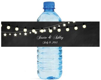 Chalk board Background with glowing Market Lights Wedding Anniversary Water Bottle Labels Customizable labels Easy to use self stick