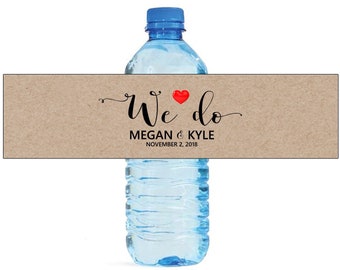 We Do Heart label on Kraft background Wedding Water Bottle Labels Great for Engagement Bridal Shower Anniversary Party self stick