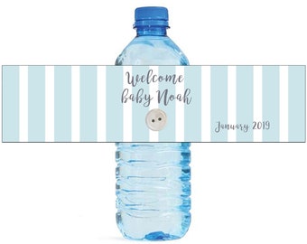 Baby Blue Stripes with White Button Water Bottle Labels Great for Baby Showers New born baby celebrations easy to use self stick