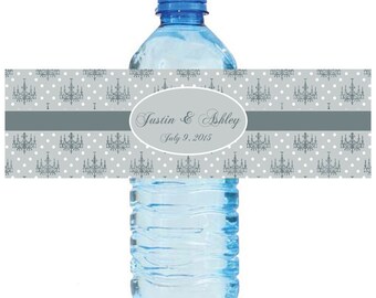 Chandalier Theme  Wedding Water Bottle Labels Great for Engagement Bridal Shower Party 2 sizes Baroque Damask Grey