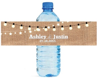 Burlap and Market Lights Wedding Water Bottle Labels Great for Engagement Bridal Shower Party 2 sizes available