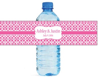 Pink Moroccan Trellis pattern Wedding Anniversary Water Bottle Labels Customizable labels 2 sizes available