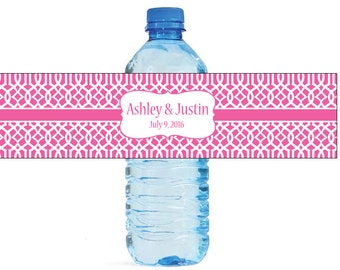 Pink Moroccan Trellis pattern Wedding Anniversary Water Bottle Labels Customizable labels 2 sizes available