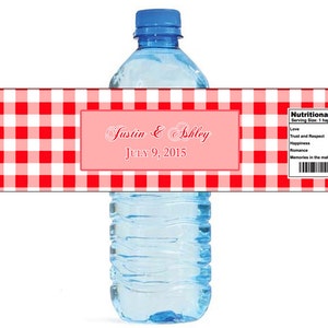 Red Gingham Pattern Wedding Water Bottle Labels Great for Engagement Bridal Shower Party Picnic